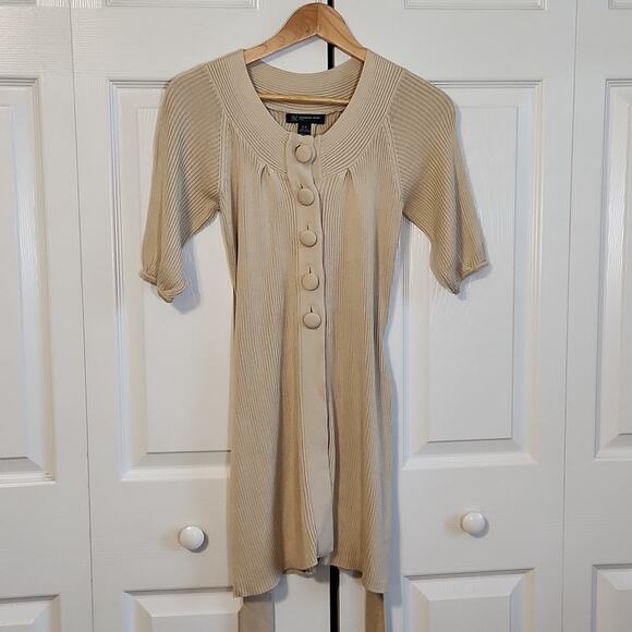 INC Womens Long Line Silk Blend Button Tie Front Short Sleeve Tan Cardigan SM - Picture 5 of 9